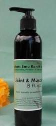 8 oz bottle joint and muscle rub made with emu oil from 3 Feathers Emu Ranch