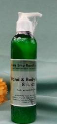 8 oz bottle hand and body lotion made with emu oil from 3 Feathers Emu Ranch