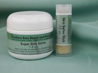 Super skin salve made with emu oil from 3 Feathers Emu Ranch 